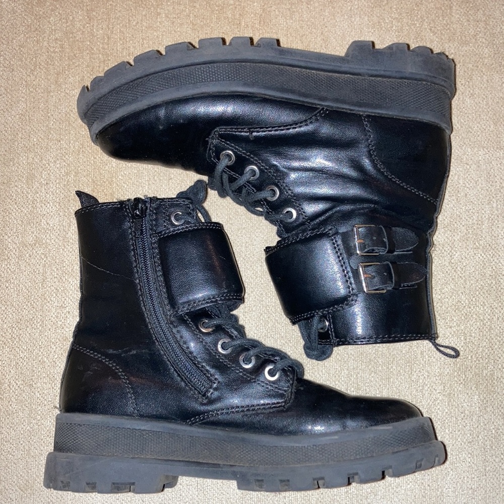 ZARA Kids Black Combat Style Buckled Leather Ankle Boot Size EU 35